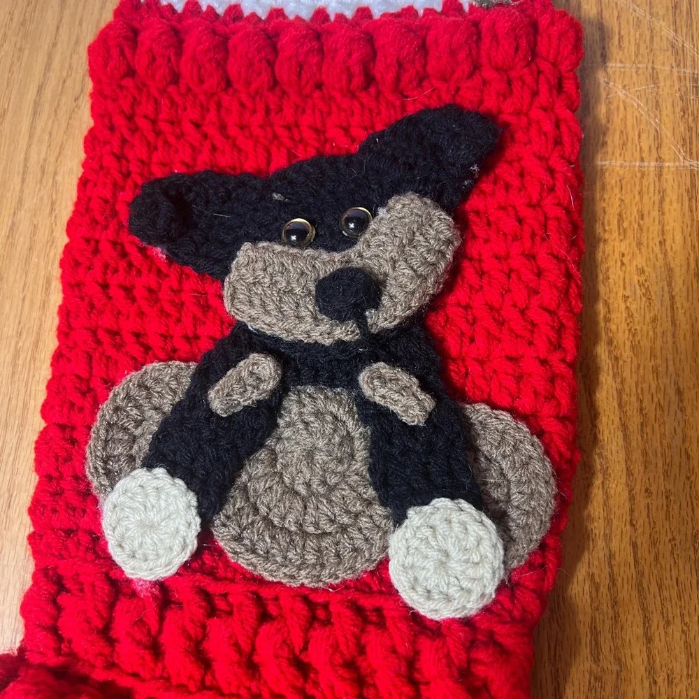 Crocheted Teddy Bear Christmas Stocking Red Knit Holiday Rustic Farmhouse chunky